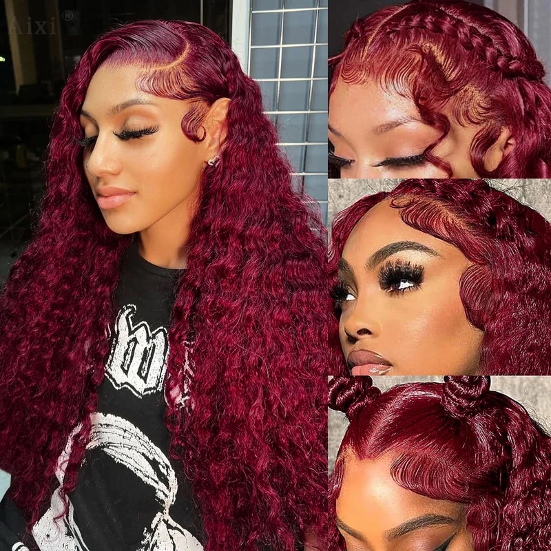 

99J Бордовый парик из натуральных волос с глубокими волнами, 38 дюймов, 13x6, прозрачные вьющиеся парики, цветные красные волнистые кружевные фронтальные парики
