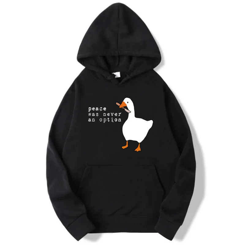 

Peace Never Option Duck Print Casual Winter Hoodies Thickened Plush Lining Harajuku Sweatshirt Hip Hop Street Style Clothes