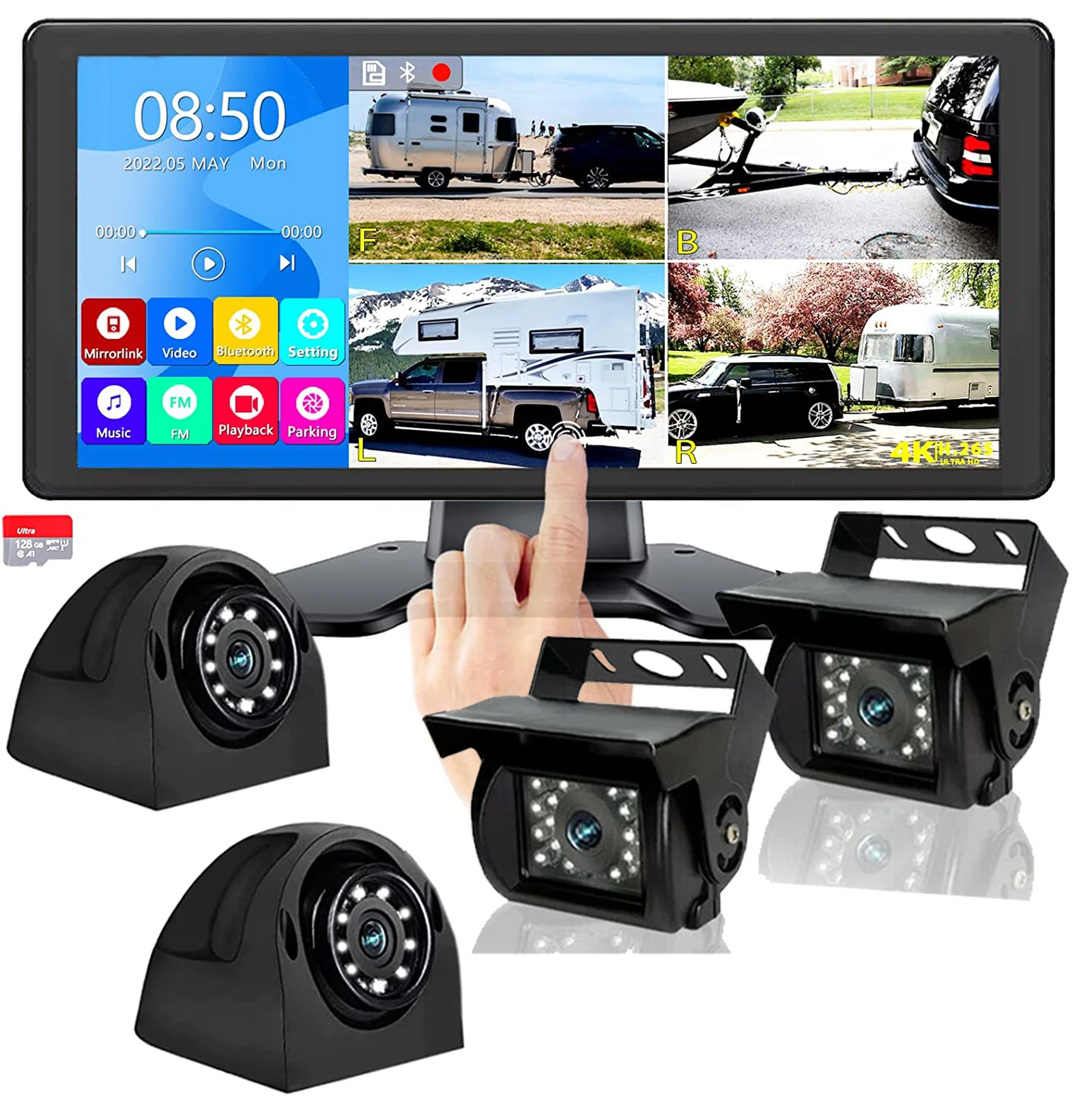 IPoster 10.36 Inch Touch Screen DVR Monitor BT FM Parking Monitoring 4x AHD 1080P Side Rear View Cameras 12-36V For Truck Bus Rv