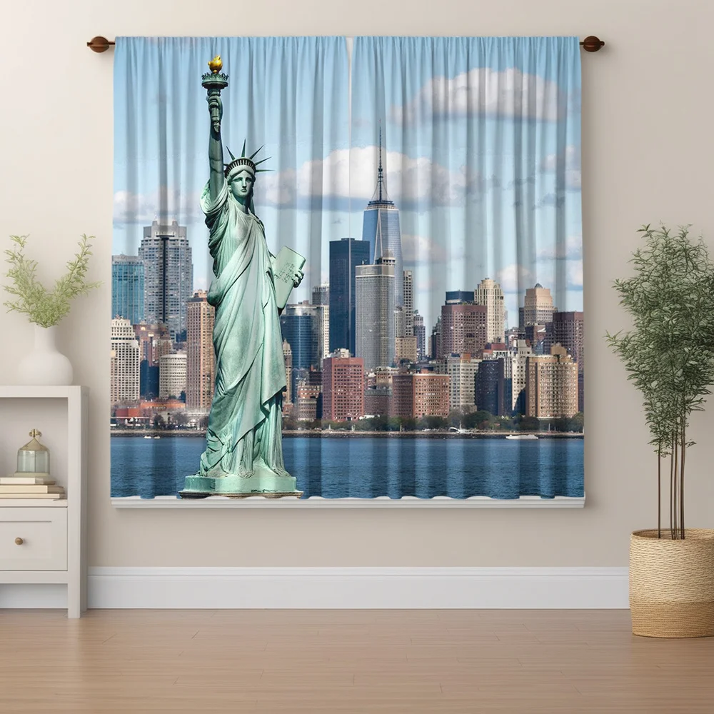 New York Statue of Liberty Skyline Curtains Set of 2 Rod Pocket Semi Sheer for Living Room Bedroom Decor