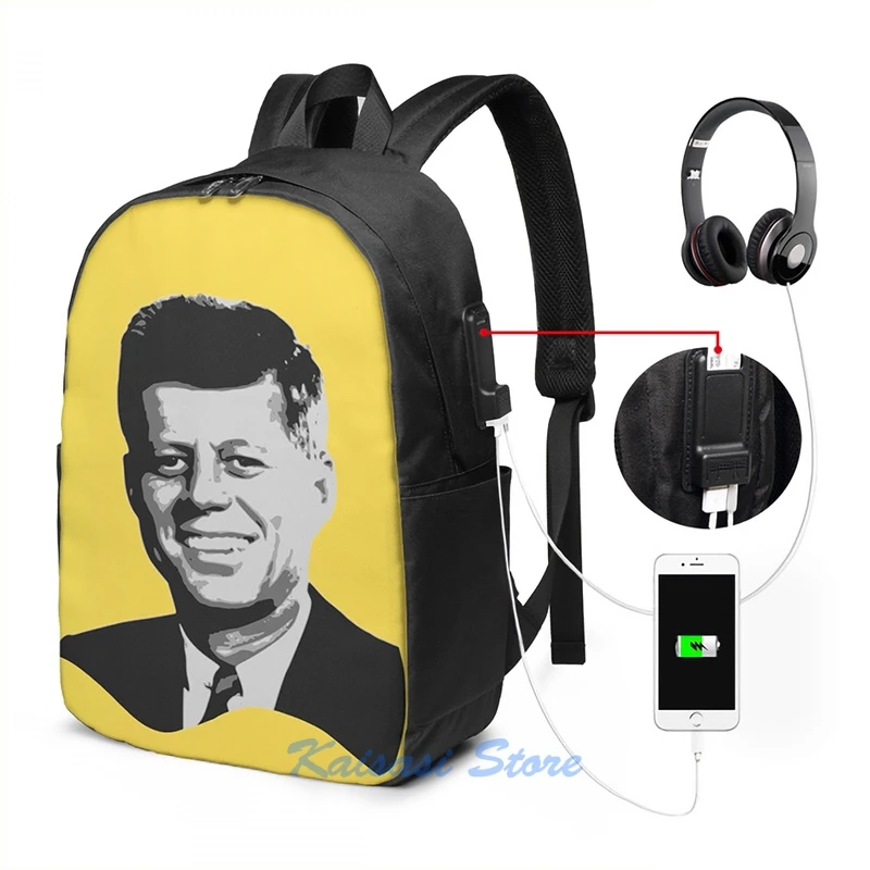 Funny Graphic print John F Kennedy Grayscale Pop Art USB Charge Backpack men School bags Women bag Travel laptop bag