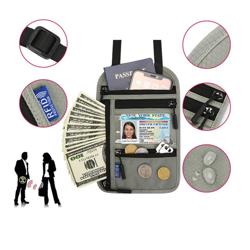 Portafoglio da collo 20CB con porta passaporto antifurto per donna uomo mantieni i documenti in contanti sicuri custodia da viaggio facile da nascondere