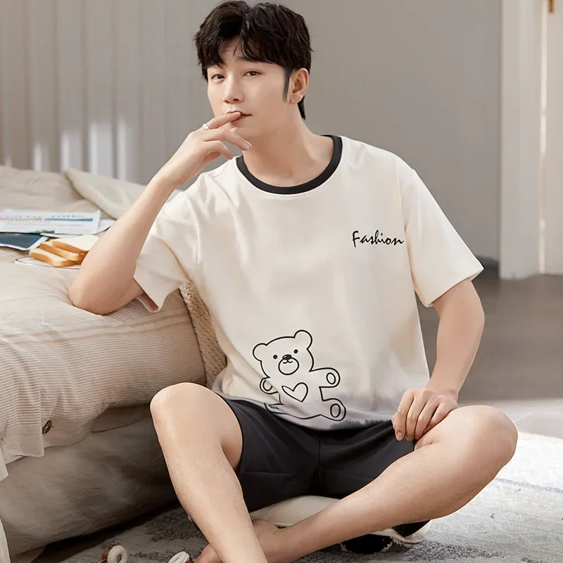 Large Size Soft Cotton Summer Pajamas Men's Crtoon Short Sleeve Sleepwear Loose Loungewear Suit Home Clothes Can Be Worn Outside