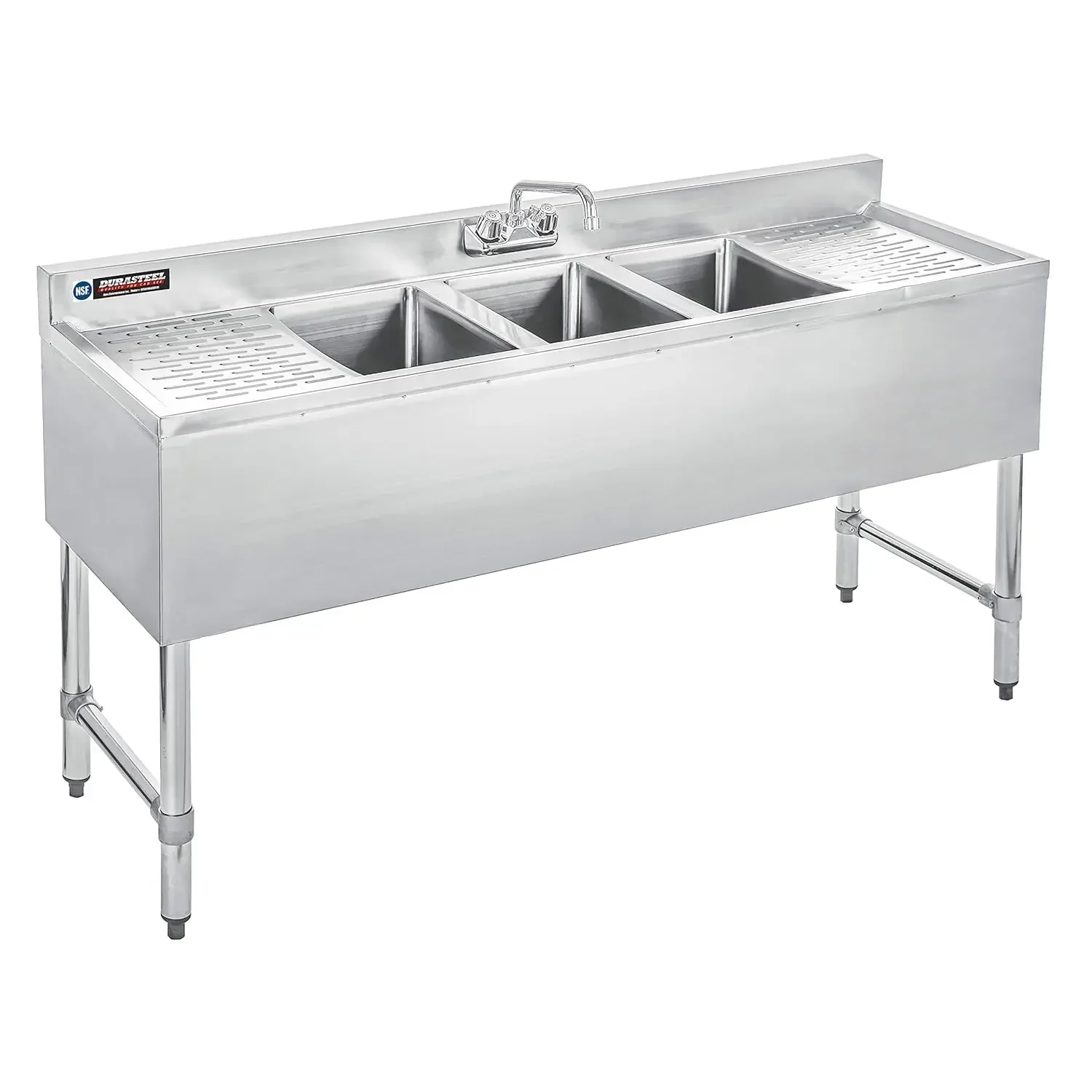 

3 Compartment Underbar Sink - 10" L X 14" W X 10" D Bowls & Double Drainboards - Lead-Free Faucet Included