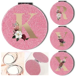 Portable Folding Shiny Double-Sided Makeup Mirror Leather Cosmetic Mirror Pocket Magnifying Hand Gold Letter Pattern Beauty Tool