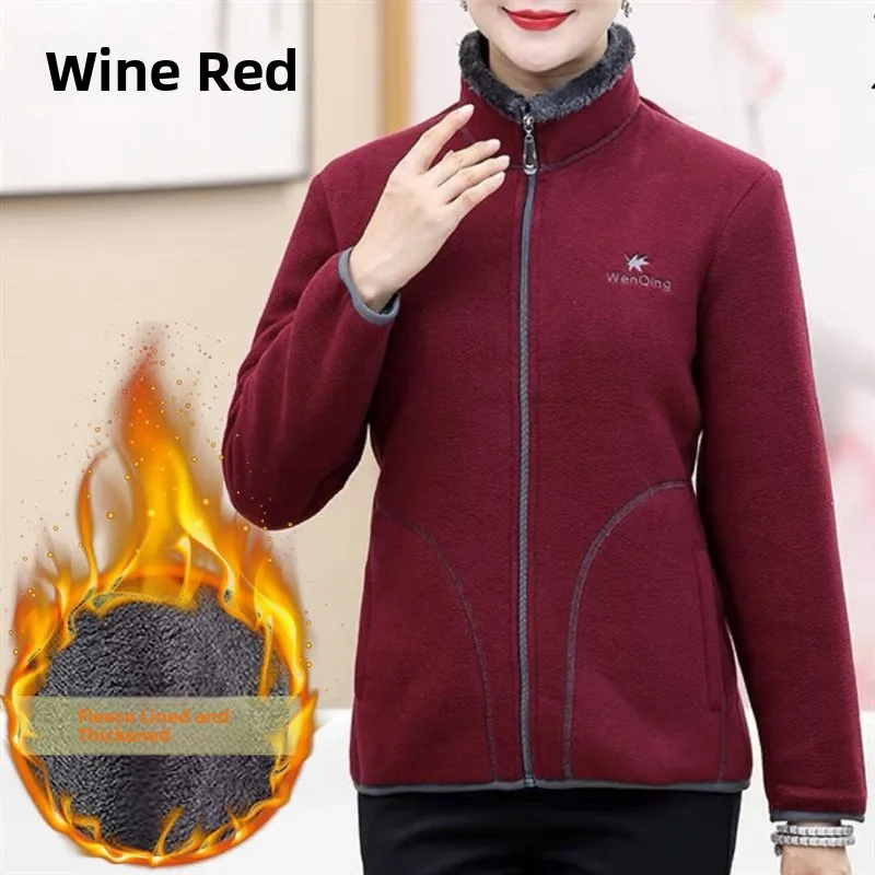 Mom's Fce Lined Loose Hoodie Jaet Autumn Winter Stand Collar Warm Thiened Zipper Closure  Color Versatile Sli...