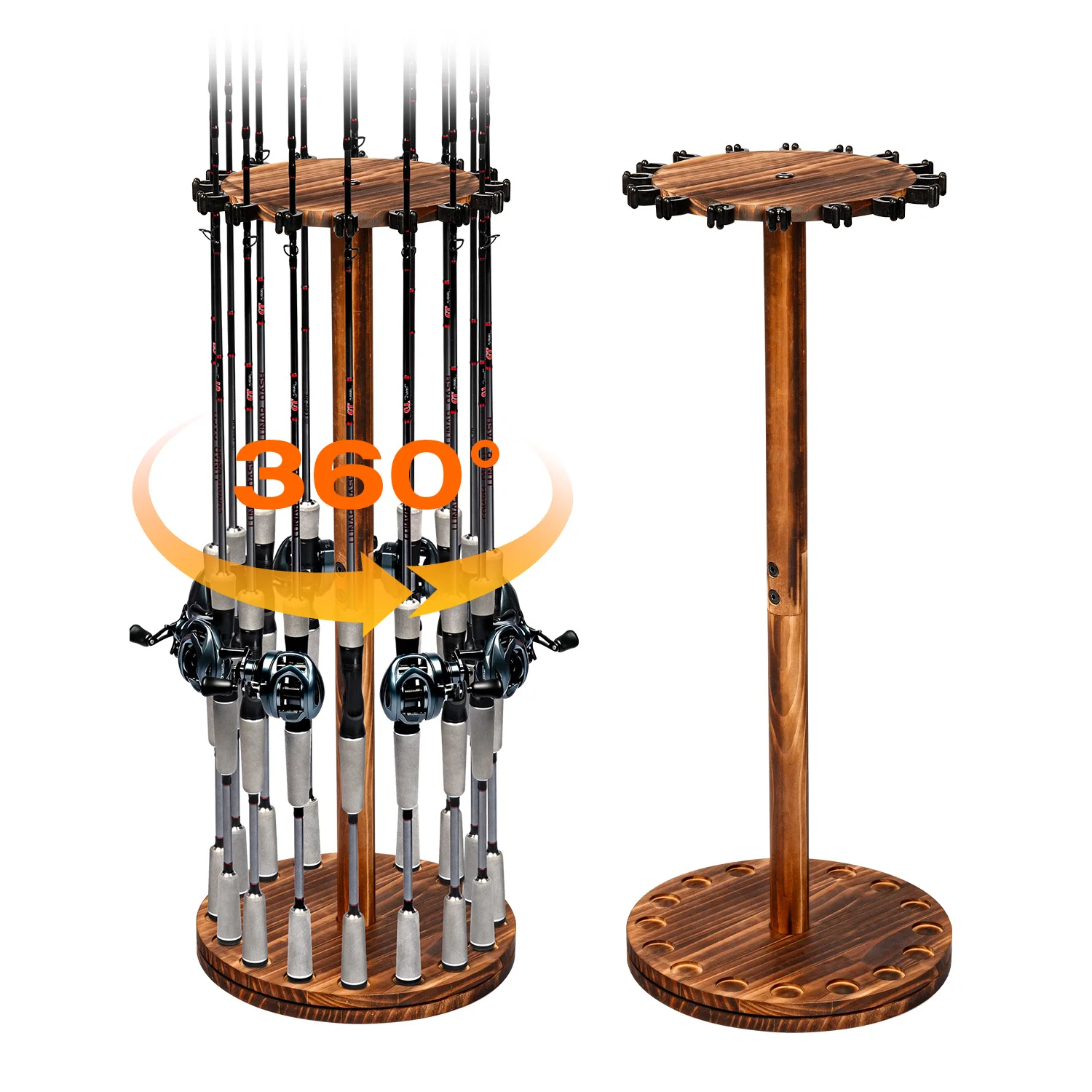 Round Carbonized Wood Fishing Rod Holder Rotatable Display Stand Storage Rack for Fishing Poles Home Shop Organizer