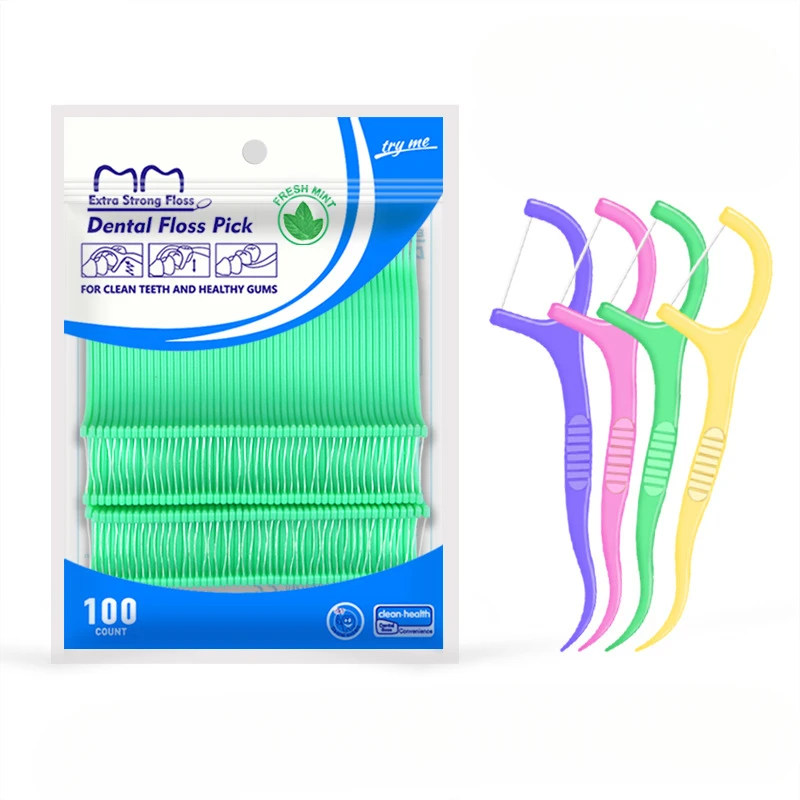 100Pcs/Bag Colorful Fruit Flavor Bagged Dental Floss Pick Teeth Cleaner High Tensile Force Teeth Stick Oral Hygiene Care Tool