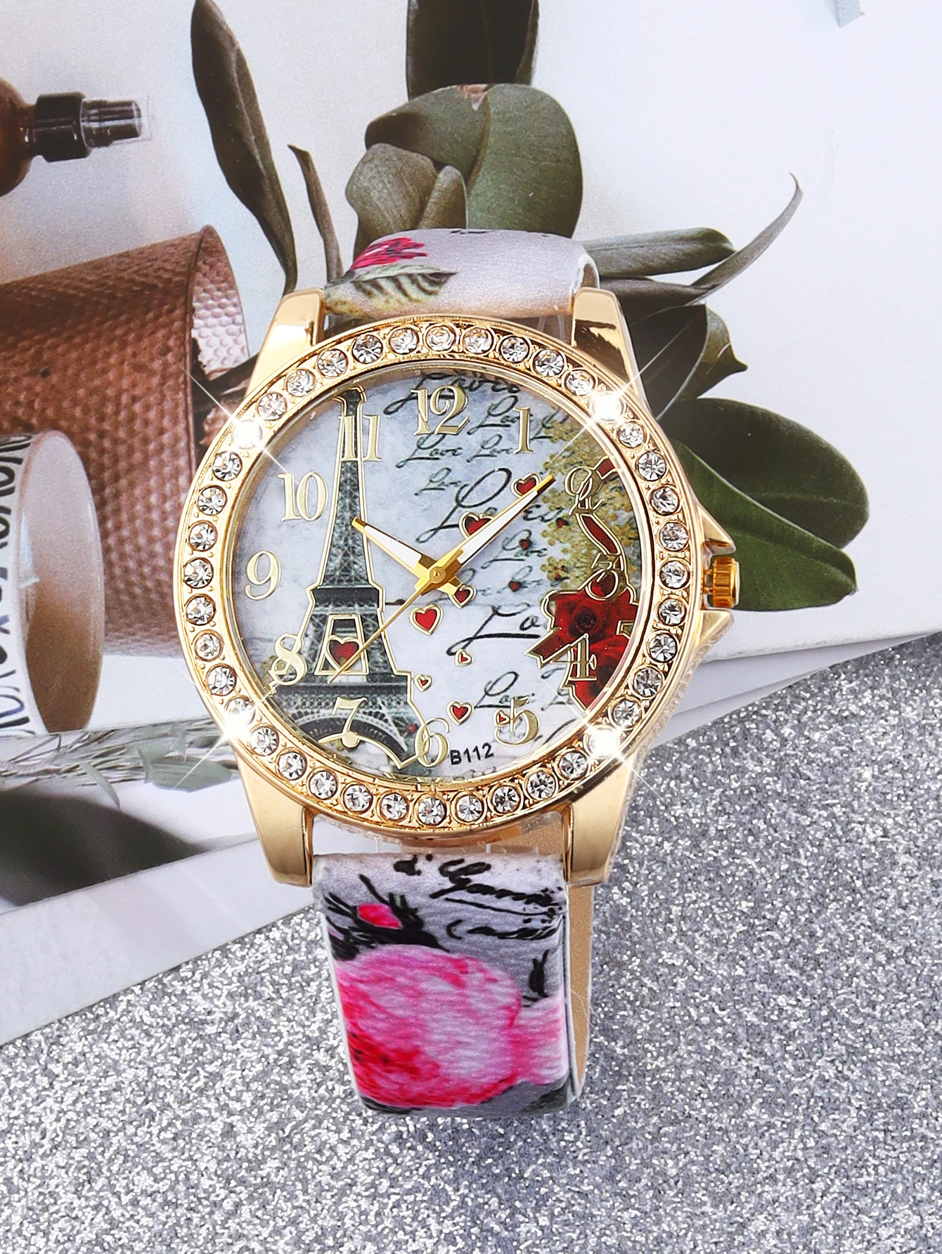 6pcs stylish Eiffel Tower Love Ladies Rhinestone Mirror quartz Watch with Diamond full butterfly bracelet Ring necklace set