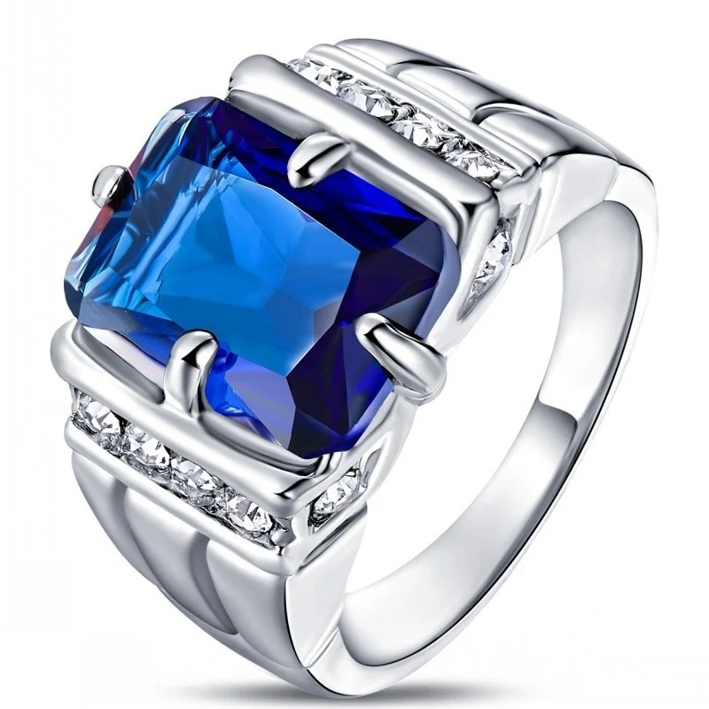 Business Men's Fashion Simple Blue Zircon Ring Wedding Engagement Party Jewelry