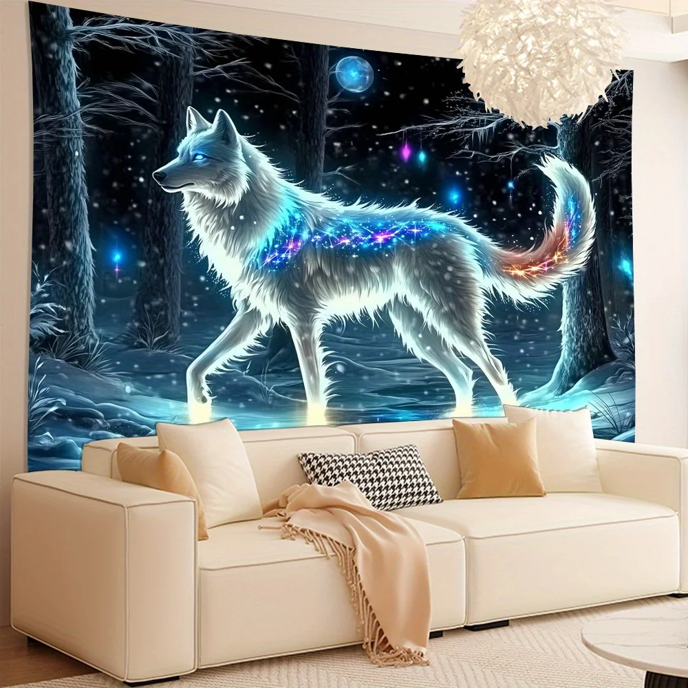 Glow-in-the-Dark Wolf Tapestry - Luminous Polyester Wall Art for Home/Office Decor, Unique Gift for Nature Lovers
