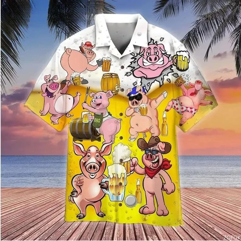 قميص هاواي صيفي خنزير وردي صيفي ألوها قميص ملابس قميص هاواي صيفي #2
