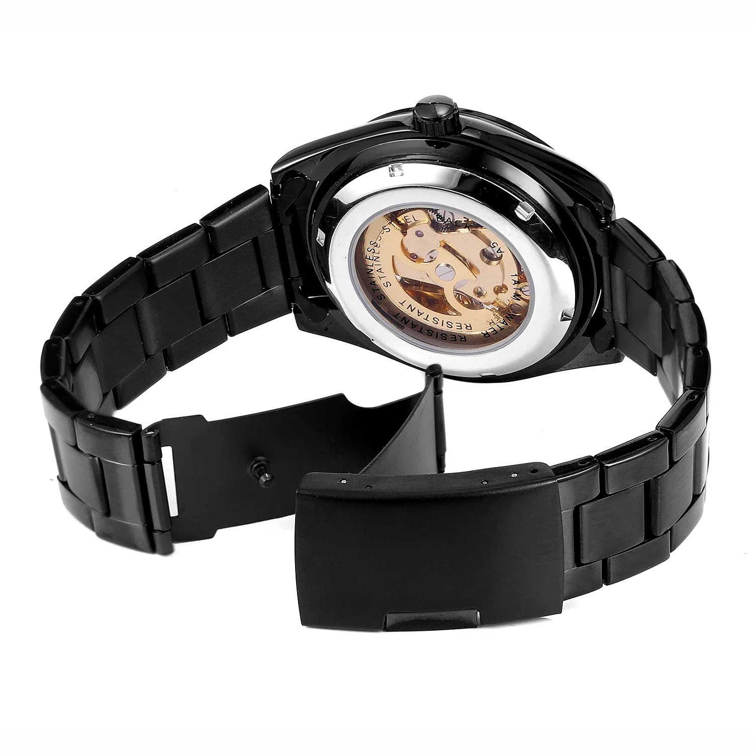 T-winner Casual minimalist Wind strip nail Gear half-hollow mechanical Watch Black Round watch Black belt Watch
