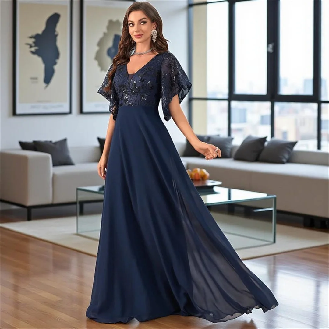 

Vintage Half Sleeves Chiffon Mother of the Bride Dresses Lace Sequins V-neck Festival Dress Elegant Wedding Party Evening Gowns