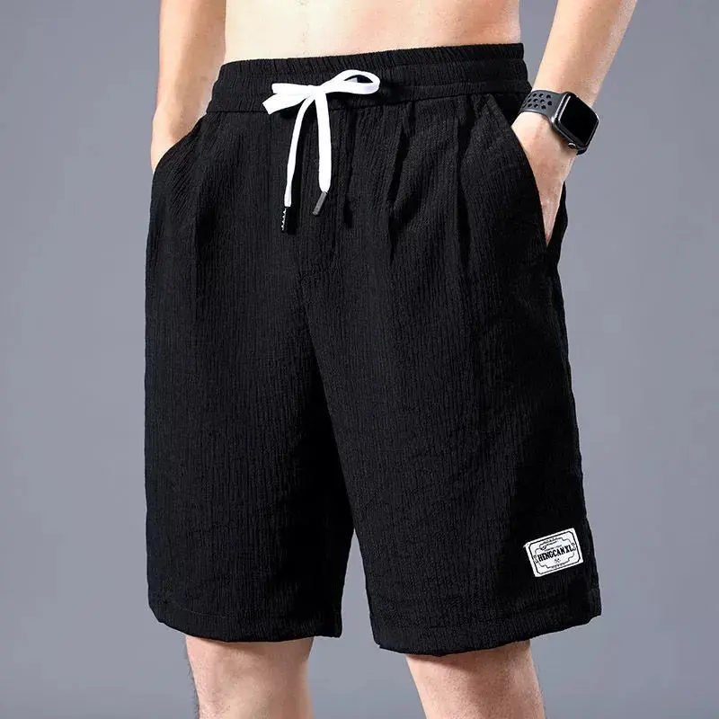 Ice Shreds Men Thin Style Motion Pleated Loose Straight Cylinder Fashion Trend Casual Solid Color Labeling All-match Shorts