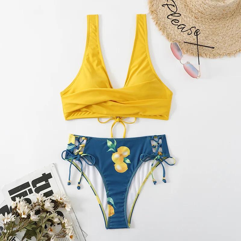 Yellow And Lemon Print Mid-Waist Bikini Sets Swimsuit Women Sexy Lace Up Two Pieces Swimwear 2023 New Summer Beach Bathing Suits