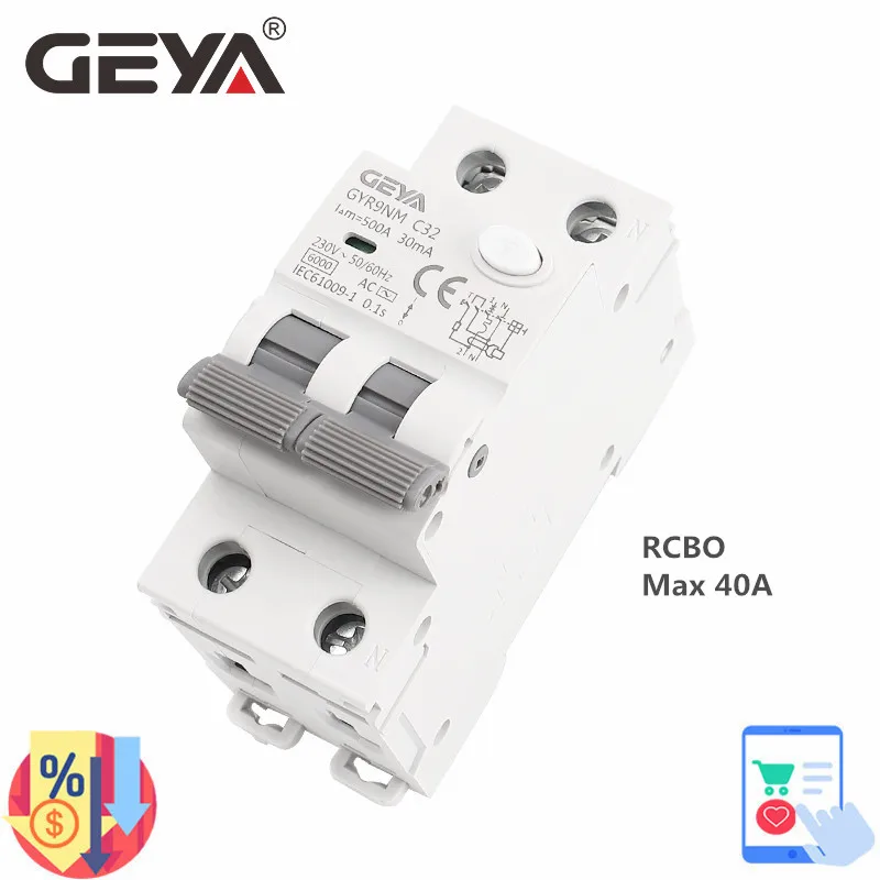 GEYA GYR9NM 230V RCBO 6KA MCB Residual Current Circuit Breaker With Over Current And Leakage Protection 10A 16A 25A 32A 40A