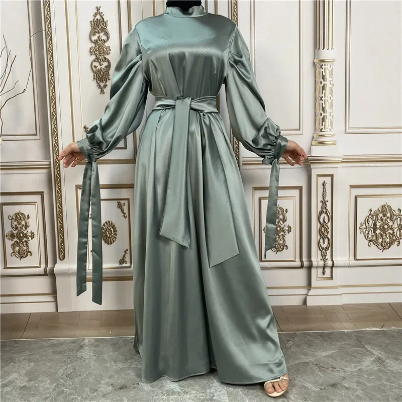 Fashion Women Islamic Satin Muslim Dress Hijab Arabic Closed Abaya Dubai Balloon Sleeve with Ribbon Eid Ramadan Turkish Dresses