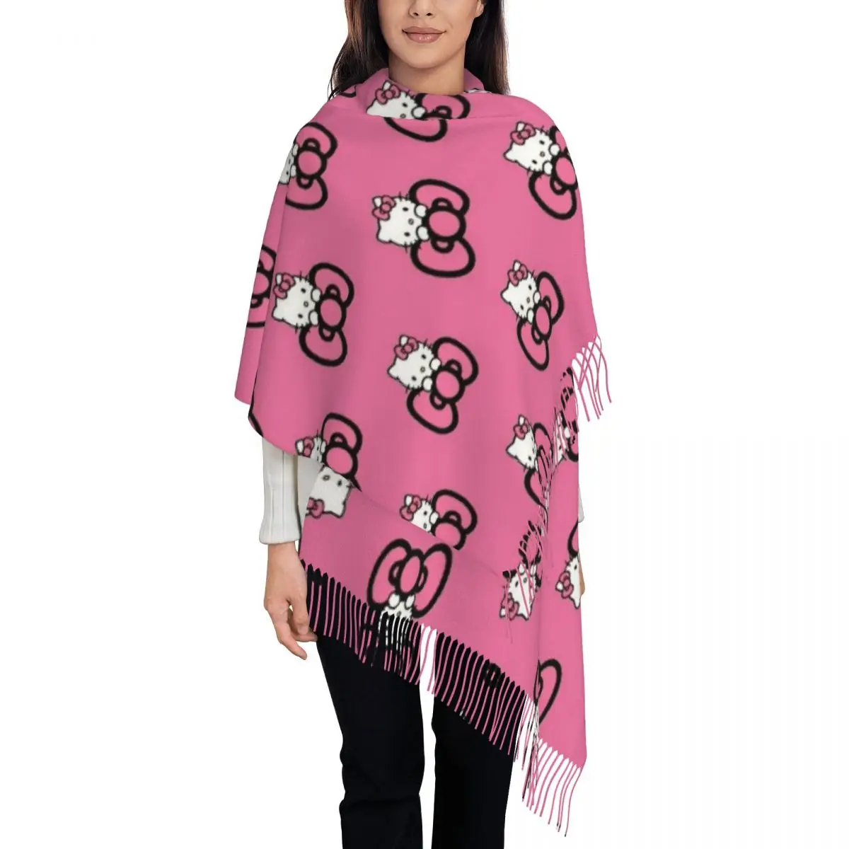 

Custom Female Long Hello Kitty Cartoon Scarves Women Winter Fall Soft Warm Tassel Shawl Wraps Scarf