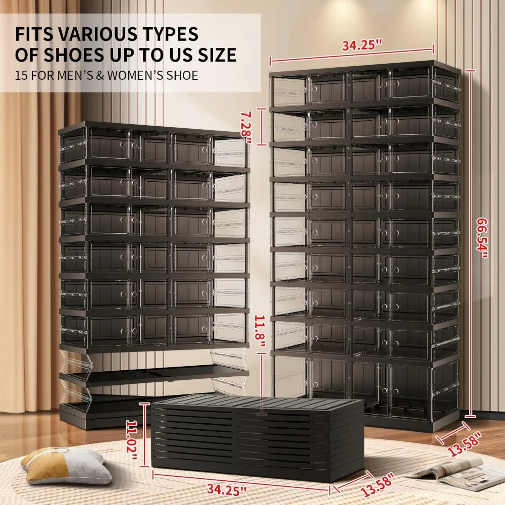 Shoe Rack for Closet Entryway 18-36Pairs, 9-Tier Foldable Stackable Clear Storage Boxe Organizer with Door Plastic, Shoe Cabinet