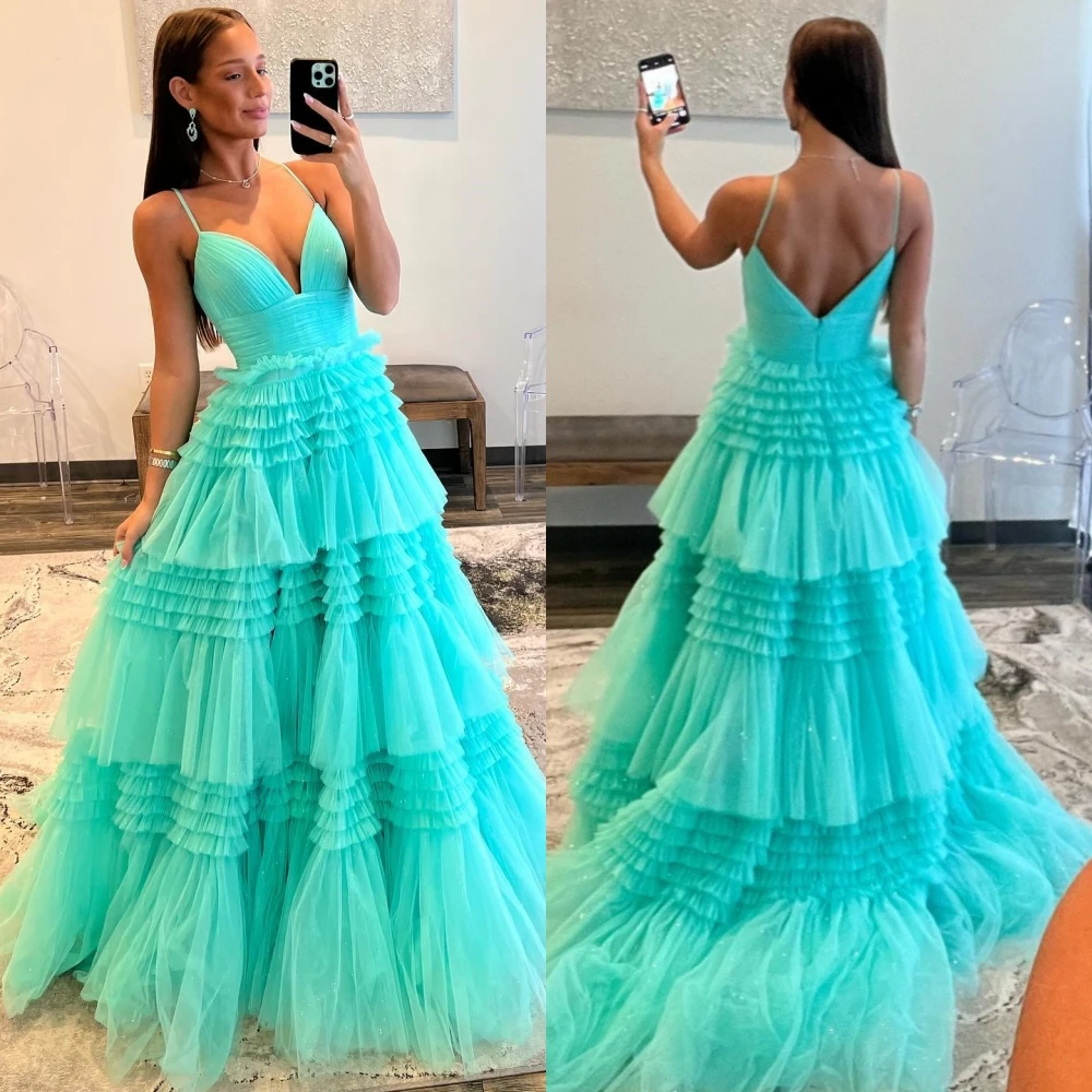 Maßgeschneiderter einfacher Abschlussball, sexy, lässig, Spaghettiträger, Ballkleid, Quinceanera-Kleid, geschichtete bodenlange Röcke, Organza-Abend