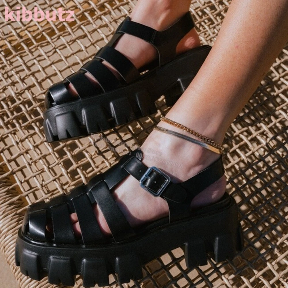 Rome Ankle Strap Sandals Genuine Leather Solid Color Round Toe Thick Bottom Hollow Women Shoes Fashion Elegant Concise Sexy New