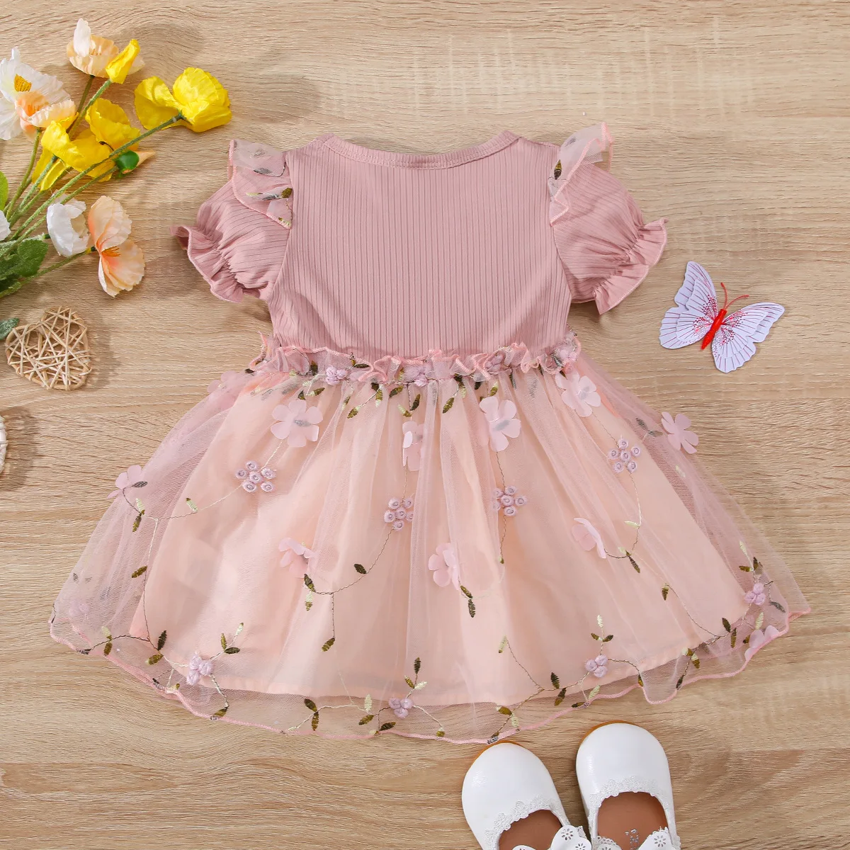 2024 Summer Baby Princess Dress Floral Embroidery Lace Dress Puff Sleeve Cute Girls Tulle Costume