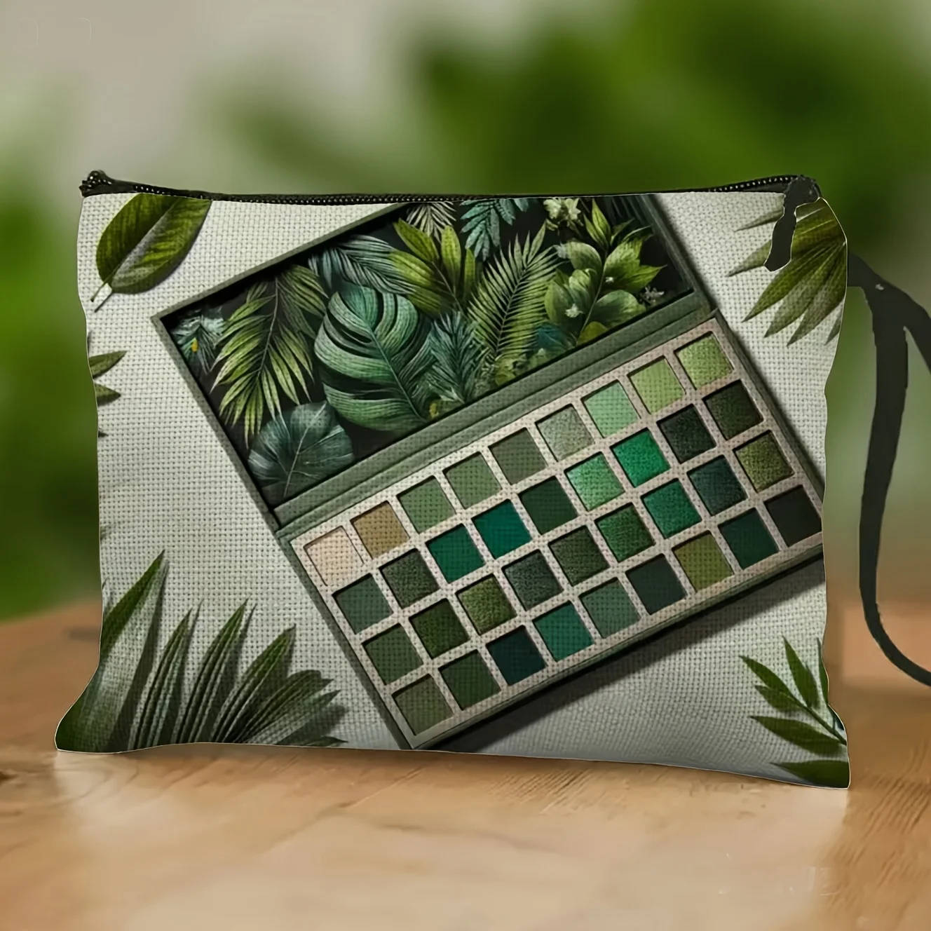 Green Plant Print Eyeshadow Palette Cosmetic Bag Toiletry Bag 2D Flat Printing Storage Bag for Women Summer Travel Gifts