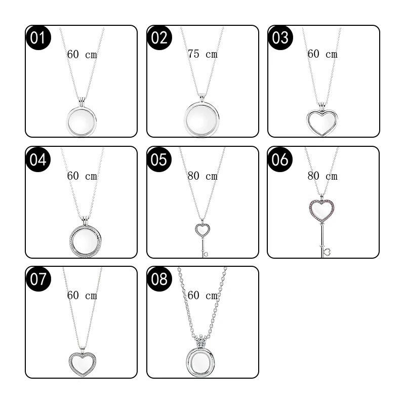 Floating Locket Pendants Necklaces For Women Jewelry 925 Sterling Silver Round Heart Key Crown Link Chain Sapphire Crystal Glass