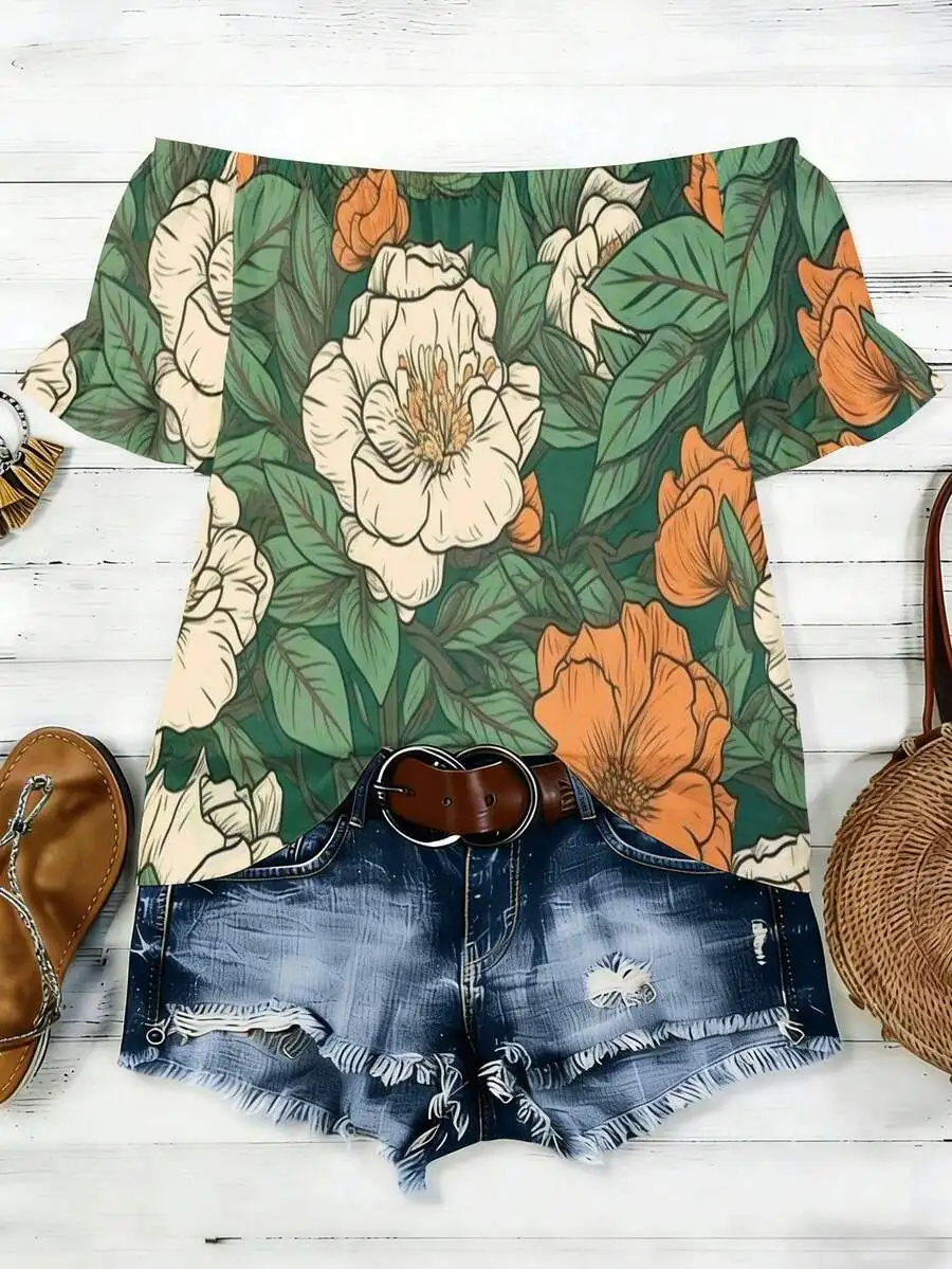 Womens Short Sleeve Floral Top With Ruffled Collar, Breathable Summer Beach Cover-Up