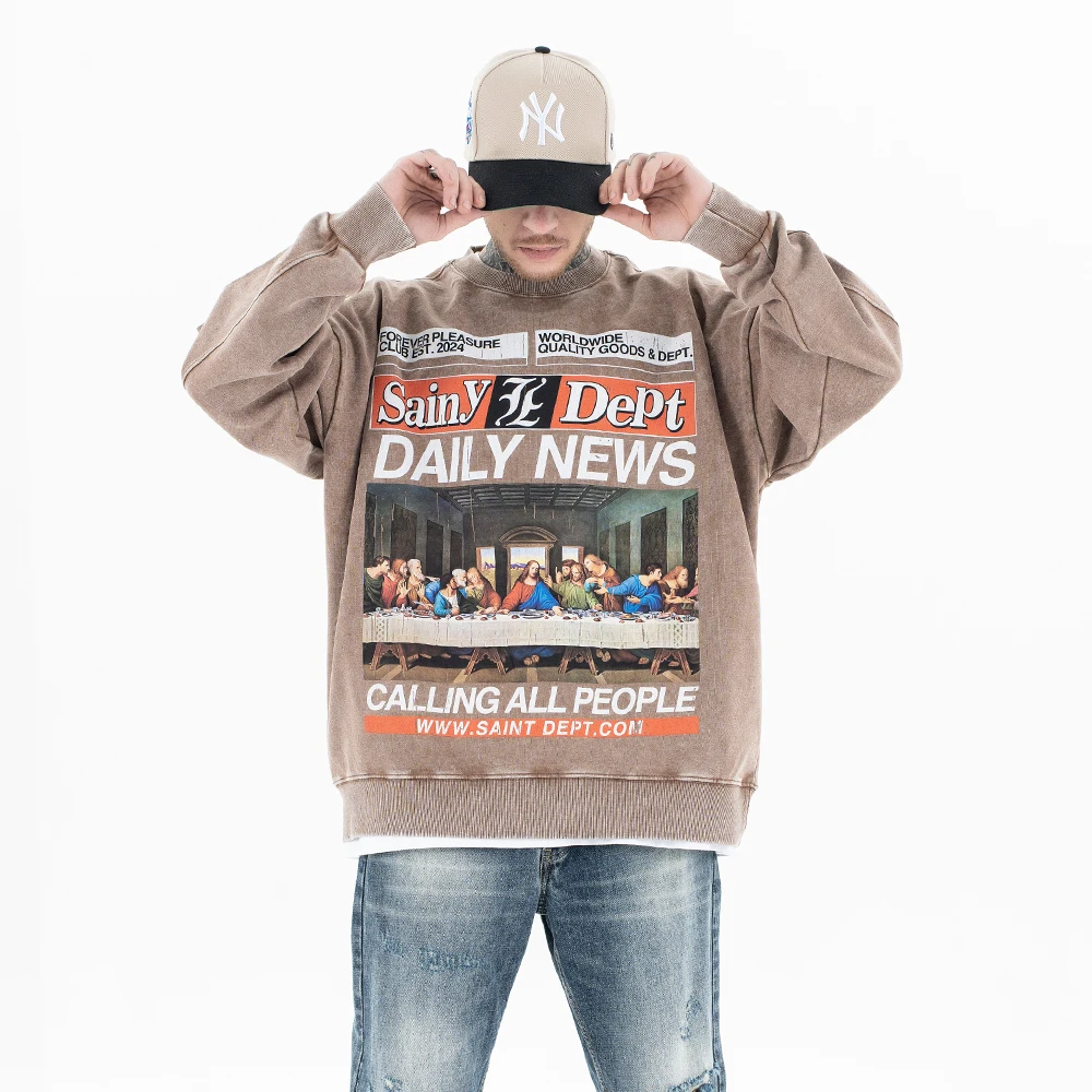 Felpa con stampa grafica The Last Supper dal design originale Superway da uomo oversize 400GSM streetwear pullover larghi vintage