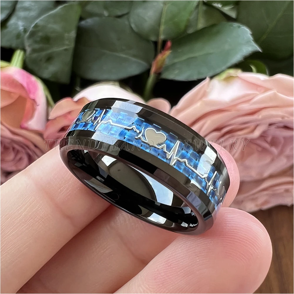 Ehering aus Wolframkarbonfaser mit Herz-Inlay, Jubiläumsring für Damen und Herren, Verlobungsschmuck, poliert, glänzend – Detail 2