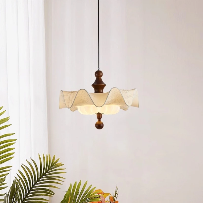 American White Petal Fabric Ceiling Light Rotundity Acrylic Lampshade Living Room Bedroom Restaurant Kitchen Wooden Hanging Lamp