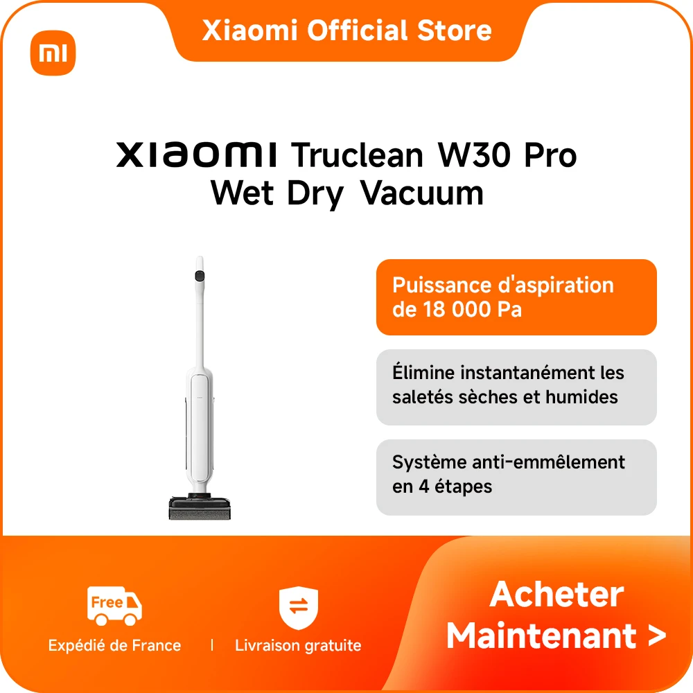 Xiaomi France | Xiaomi Truclean W30 Pro Wet Dry Vacuum, Puissance d'aspiration de 18 000 Pa, Élimine instantanément les saletés sèches et humides, Système anti-emmêlement en 4 étapes