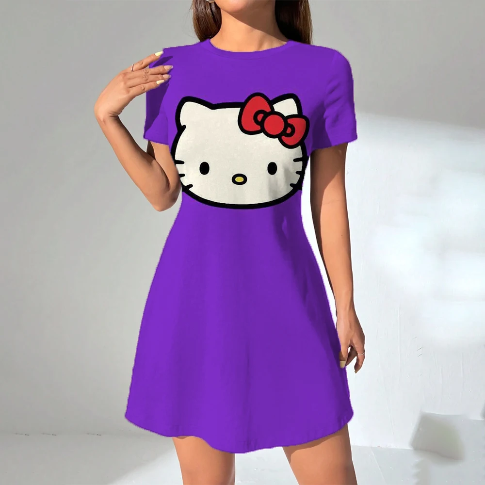 2025 ใหม่สไตล์เกาหลี PLUS-ขนาด Hello Kitty พิมพ์เสื้อยืดผู้หญิงฤดูร้อนหลวม Fit Belly ครอบคลุมชุดนักเรียน ﻿