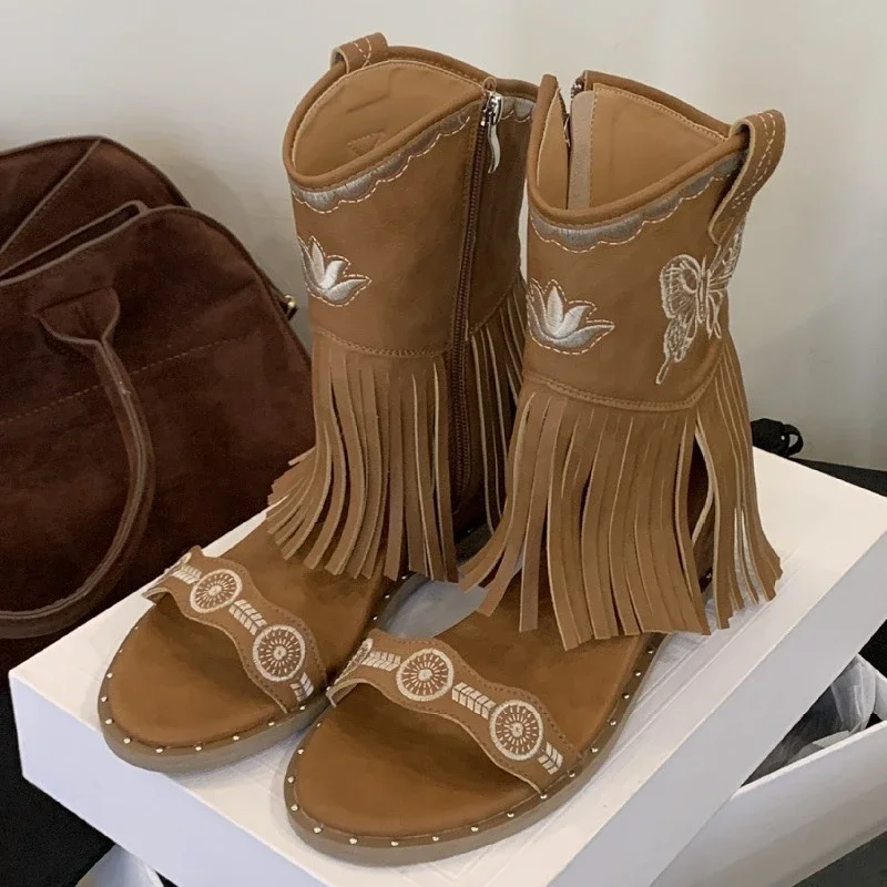 

Ботильоны в римском стиле с кисточками и вышивкой-бабочкой, женские модные летние ботинки с открытым носком на молнии, удобные нескользящие модные ботинки