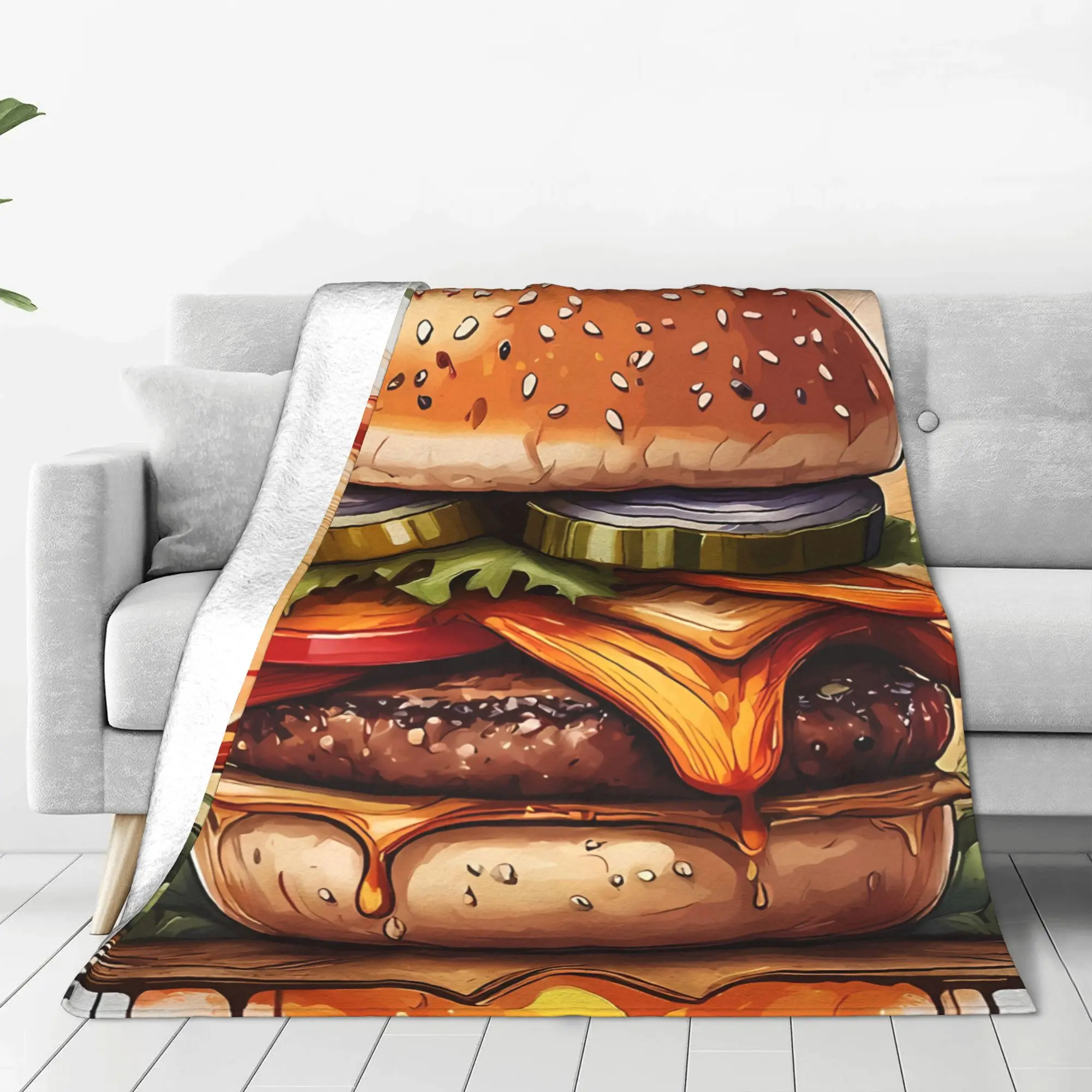 1PC Bite Into A Juicy Delight Hamburger Home Room Decorations Winter Blankets For Adults Bedding Home Interior Sofa Knee