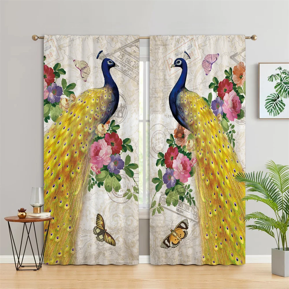 

Vintage Golden Peacock Animal FlowerWindow Curtains Blinds For Living Room Kids Bedroom Bathroom Kicthen Door Home Decor2Pcs