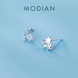 Modian New 100% Real 925 Stelring Silver Charm Stars Clear Zircon Stud Earrings Pin For Women  925 Sterling Silver Jewelry Gift