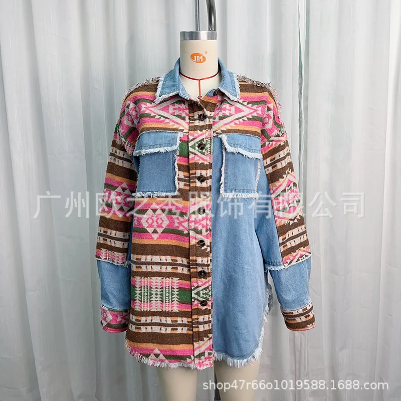 Femmes Denim veste manteau Patchwork simple boutonnage col rabattu Vintage lavé poches vêtements d'extérieur Streetwear automne 2025