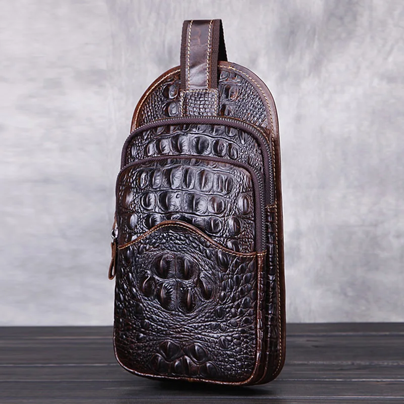 Travel Sling Shoulder Bags Crocodile Pattern Chest Back Pack High Quality Oil Wax Cowhide Genuine Leather Men Messenger Bag