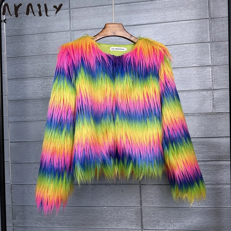 Akaily Colorful Warm Faux Women Fur Coat Loose Black White Pink Plush Coat 2024 Female Jacket Fur Autumn Winter Shaggy Outerwear