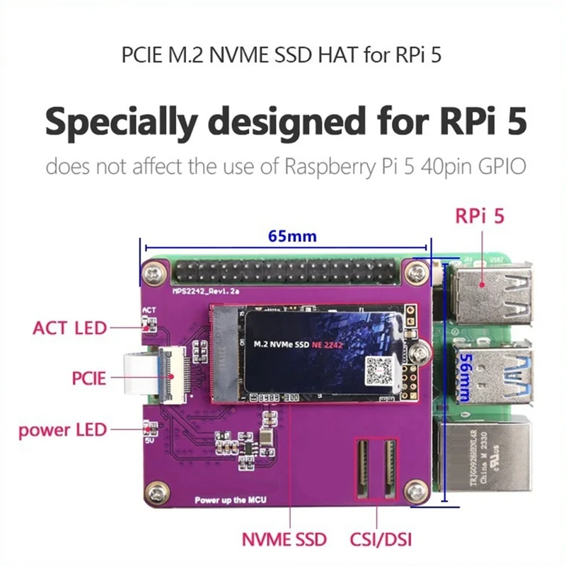 Placa de Expansão para Raspberry Pi 5, Durável, PCIE M.2, NVME, 2230, 2242, Gen3, SSD