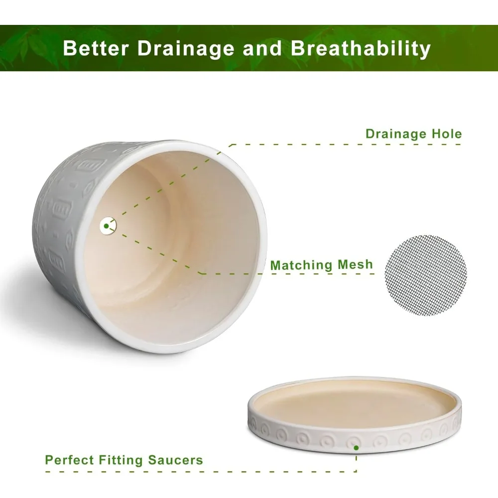 وعاء زراعة سيراميك كبير مقاس 10 بوصة مع فتحات تصريف وصحون للنباتات الداخلية والخارجية ديكور حديقة المنزل #6