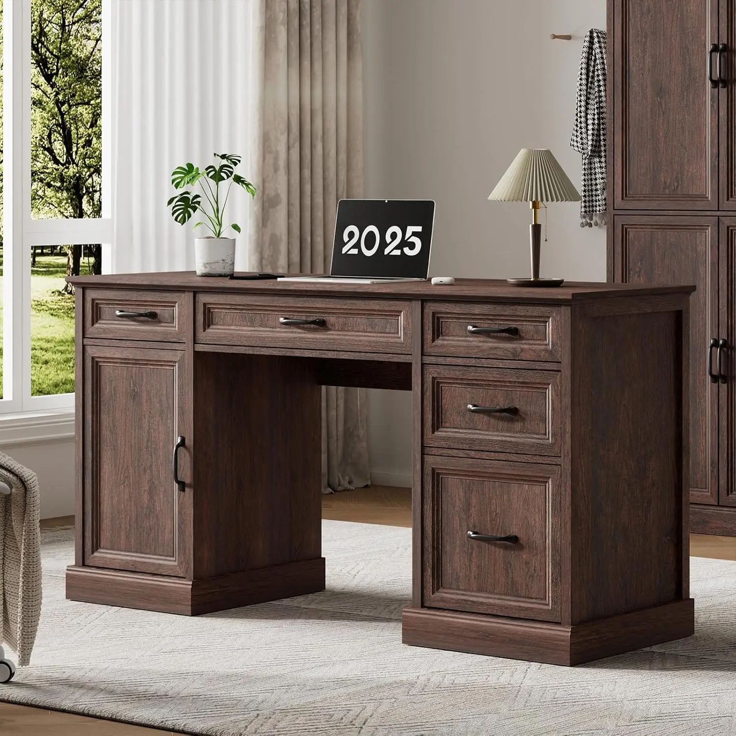 

58 Farmhouse Executive Desk, Wood Home Office Desk with Drawers & File Cabinet, Embossed Texture Storage Organizer Computer Desk