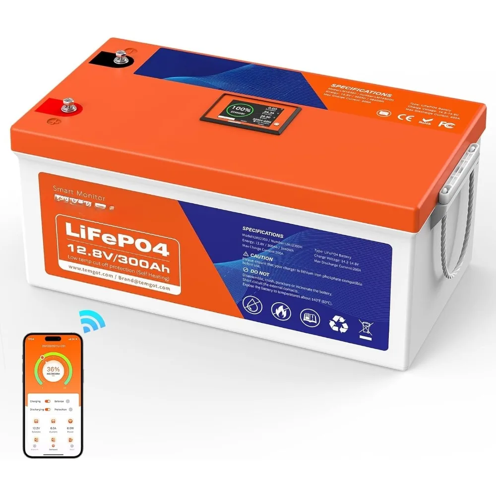 12V 300Ah Self-Heating LiFePO4 Lithium Battery with Smart Touch Screen & Bluetooth App, Built-in 200A BMS, 2560W Power