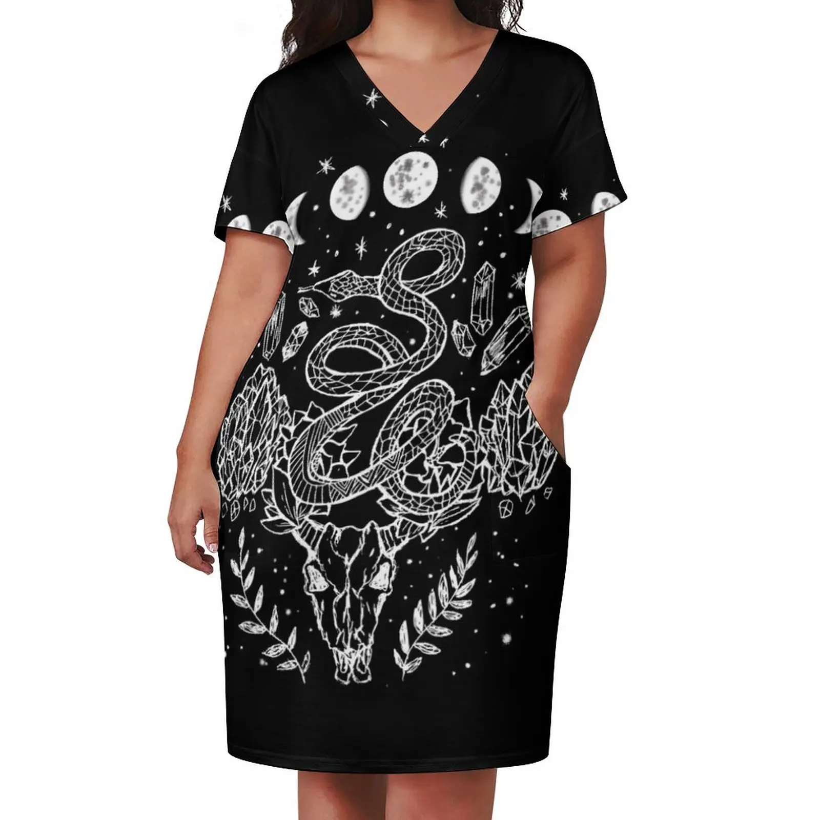 Фазы Луны, змеи и кристаллы Witchy Design Свободное платье с карманами Коктейльные платья Платье на день рождения для женщин класса люкс 2025