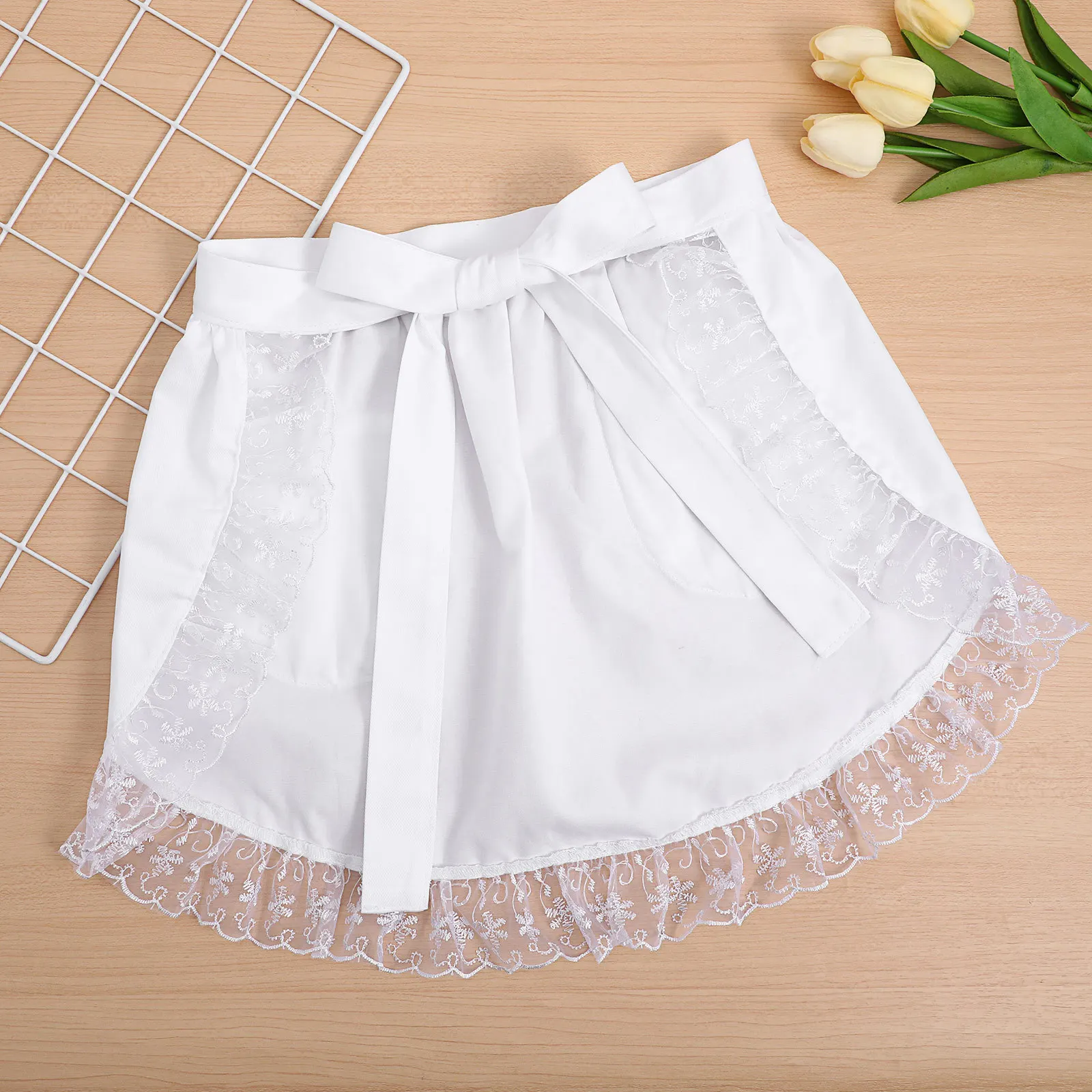 

Waist Apron Short Lace Apron for Waitress Servant Chef in Cafe Hotel Restaurant Kitchen with Storage Pockets White