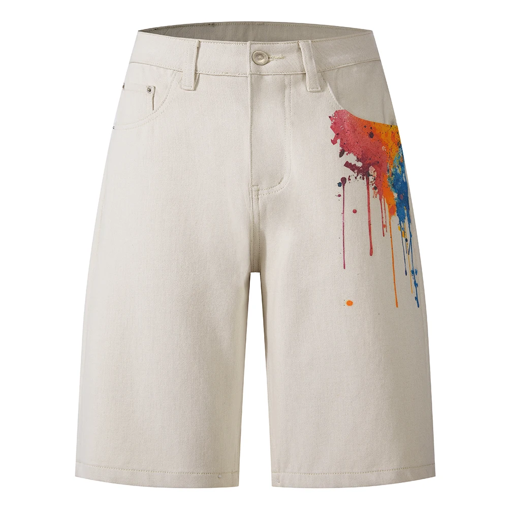 Pantalones Cortos de Mezclilla Tie Dye para Hombre, Estampado de Salpicaduras de Pintura, Bermuda, Casual, Verano, Largos hasta la Rodilla, Estilo Urbano, Jeans de Alta Calidad, Beige
