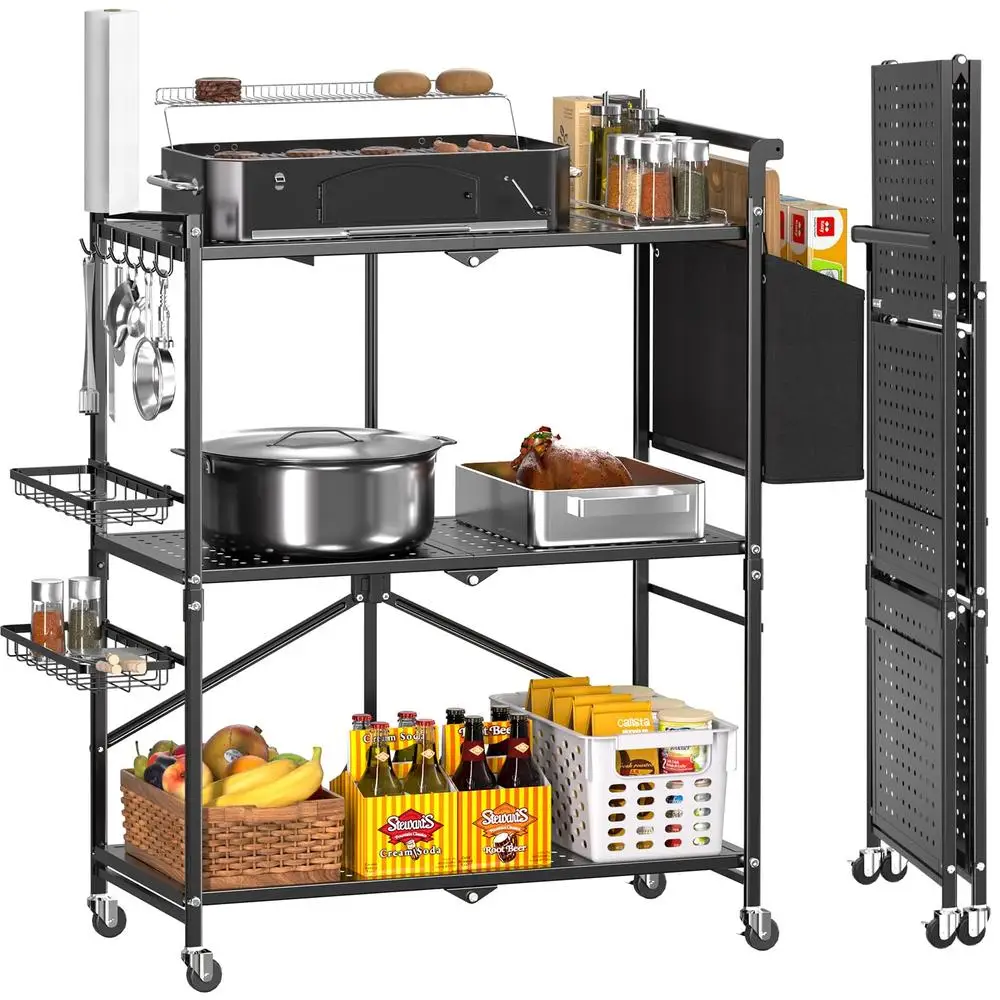 3-Tier Rolling Kitchen Cart with Baskets & Hooks Foldable Microwave Stand & Grill Cart with Wheels Outdoor & Indoor Storage Rack